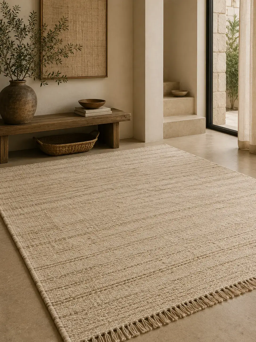 Handloom woven rug in natural undyed cotton with a quiet woven texture